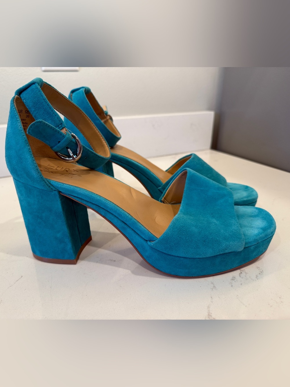 Naturalizer Pearlyn Teal Suede Block Heel Sandals with Ankle Strap